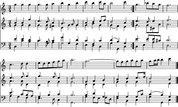 
<< <<
\new Staff { \clef treble \time 3/4 \key c \major \set Staff.midiInstrument = "trumpet" \set Score.tempoHideNote = ##t \override Score.BarNumber  #'transparent = ##t
  \relative c''
  \repeat volta 2 { g'4 g g | g4. g8 a4 | b g b | c b c8 a | b2 c4 }
  \relative c''
  { g'4. bes8[ a g] | f2. \break | c4. d8 d4 | e8[ d e f  g a] | b2. | g2.~ | g8[ f g a g a] | g a16 b b4 c \bar"|." }
}
\new Staff { \clef treble \key c \major \set Staff.midiInstrument = "piano"
  \relative c'' 
  \repeat volta 2 { << { c4 c g' | e4. d8 c4 | b4. a8 g4 | c d e8 f | d2 c4 } \\
  { g4 g g | g4. g8 fis4 | d g g | g b g | g( f) e } >> }
  \relative c'' {
  << { e4. d8 e4 | f2. | e4. f8 g4 | g4. f8 e4 | d2. | g,4 a b | c d e8. f16 | d2 c4 } \\
  { g4. g8 cis,8 a' | a2. | a4. a8 d,4 | c g' g | g2. | d4 d d | g g g | g2 e4 } >> }
}
\new Staff { \clef bass \key c \major \set Staff.midiInstrument = "piano"
  \relative c'
  \repeat volta 2 { << { e4 e d | c4. g8 c4 | g' g, d' | c f, c' | d( b) g } \\
  { c,4 c' b | c4. b8 a4 | g2 f4 | e d c | g' g, c } >> }
  \relative c' {
  << { e4. e8 e cis | d2. | e4. c8 b a | g4 b c | b2. | b4 d g, | g g g8 c | c4( b) g } \\
  { c,4 e a | d,2. | a'4 g f | e4. d8 c4 | g2. | g'4 f8[ e] f d | e4 b c | g' g, c } >> }
}
>> >>
\layout { indent = #0 }
\midi { \tempo 4 = 90 }
