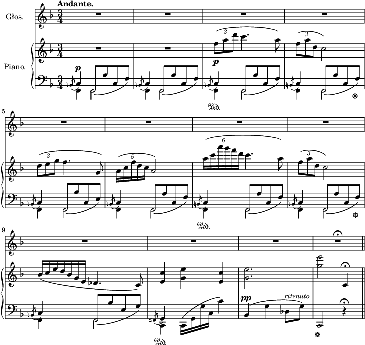 
sVarC = {  }

sVarCp = { << { \voiceOne \stemUp \slurDown \acciaccatura b8 c4^\p f,8([a' c, f]) | \acciaccatura b,8 c4 \stemUp \slurDown f,8([a' c, f]) | \acciaccatura b,8 c4 f,8([a' c, f]) | \acciaccatura b,8 c4 f,8([a' c, f]\sustainOff) | \acciaccatura b,8 c4 f,8([bes' c, e]) | \acciaccatura b8 c4 f,8([a' c, f]) \acciaccatura b,8 c4 f,8([a' c, f]) | \acciaccatura b,8 c4 f,8([a' c, f]\sustainOff) | \acciaccatura b,8 c4 f,8([bes' e, g]) | \acciaccatura fis,8 g4 } \new Voice { \voiceTwo f4 f2 | f4 f2 | f4\sustainOn f2 | f4 f2 | f4 f2 | f4 f2 | f4\sustainOn f2 | f4 f2 | f4 f2 | c4\sustainOn } >> \oneVoice \slurUp \stemDown c16([g' g' c,] c'4) \stemNeutral | bes,(^\pp g' des8^\markup { \small \italic "ritenuto" } [g]) | c,,2\sustainOff r4\fermata \slurNeutral \bar "||" }

lVarA = \lyricmode {  }

sVarCb = {  }

sVarA = { \grace s8 R2.*11 | R2.\fermata | }

lVarB = \lyricmode {  }

sVarB = { \grace s8 R2.*2 | \override TupletBracket #'direction = #UP \tuplet 3/2 { f8(\p[a d] } c4. a8) | \tuplet 3/2 { f8([a d,] } c2) | \tuplet 3/2 { d8([e g] } f4. g,8) | \tuplet 5/4 { a16([c f d c] } a2) | \tuplet 6/4 { a'16([c a' g f d] } c4. a8) | \tuplet 3/2 { f8([a d,] } c2) | \once \override TupletNumber.text = #" " \tuplet 7/4 { bes16([c e d bes g e] } des4. c8) | <e c'>4 <g e'> <e c'> | <g e'>2. | <g' e'>2 c,,4\fermata | }

sVarCa = {  }

sVarCk = {  }

\paper { #(set-paper-size "a4")
 oddHeaderMarkup = "" evenHeaderMarkup = "" }
\header { tagline = ##f }
\version "2.18.2"
\score {
\midi {  }
\layout { line-width = #180
\context { \PianoStaff \consists #Span_stem_engraver }}
<<
  \new Staff \with { instrumentName = #"Głos." } { \clef "violin" \key d \minor \time 3/4 \tempo \markup { \bold "Andante." } \autoBeamOff \relative c' { \sVarA } }
  \addlyrics { \lVarA }
  \addlyrics { \lVarB }
  \new PianoStaff \with { instrumentName = #"Piano." } <<
    \set PianoStaff.connectArpeggios = ##t
    \new Staff = "up" { \clef "violin" \key d \minor \time 3/4 \relative f'' { \sVarB } }
    \new Staff = "down" { \clef "bass" \key d \minor \time 3/4 \relative c { \mergeDifferentlyHeadedOn \sVarCp \repeat volta 2 { \sVarC } \alternative { \sVarCa \sVarCb } \sVarCk } }
  >>
>> }