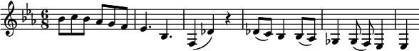 
\transpose c es\relative c' {
 \key c \major
 \tempo ""
 \time 6/8
 \set Staff.midiInstrument = #"violin"
 \set Score.tempoHideNote = ##t \tempo 2 = 105
  g'8 a g f e d |
 c4. g |
 d4( bes') r bes8( a) |
 g4 g8( f) es4 es8( d) |
 c4 c
}
