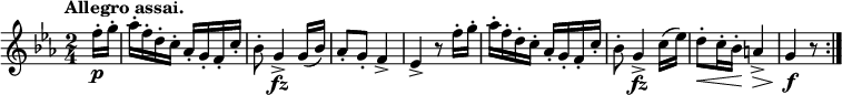 
\relative c'' {
 \key es \major \time 2/4 \set Score.tempoHideNote = ##t \tempo "Allegro assai." 4=126 \partial 8
 f16-.\p g-. aes-. f-. d-. c-. aes-. g-. f-. c'-. bes8-. g4-> \fz g16( bes) aes8-. g-. f4-> es-> r8
 f'16-. g-. aes-. f-. d-. c-. aes-. g-. f-. c'-. bes8-. g4-> \fz c16( es) d8-.\< c16-. bes-.\! a4-> \> g\f r8 \bar ":|."
}
