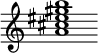 {
  % Rivin lopun pystyviiva ja tahtiosoitus piiloon.
  \override Score.BarLine.break-visibility = ##(#f #t #t)
  \override Staff.TimeSignature #'stencil = ##f
  
  <a' cis'' eis'' gis'' b''>1
}
