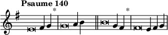 \language "français"
 \relative { 
  \key sol \major 
  \tempo "Psaume 140"   
  \set Score.tempoHideNote = ##t 
  \tempo 4 = 200 \cadenzaOn
            \override Score.TimeSignature.stencil = ##f
            \override Score.SpacingSpanner.common-shortest-duration = #(ly:make-moment 1 2)
\tweak duration-log #-1 \tweak Stem.stencil ##f 
mi'2 fad4 sol4 s4.^"*"\bar "|"
\tweak duration-log #-1 \tweak Stem.stencil ##f 
sol2 la4 si4 s4.\bar "||" 
\tweak duration-log #-1 \tweak Stem.stencil ##f 
si2 sol4 fad4 s4.^"*"\bar "|"
\tweak duration-log #-1 \tweak Stem.stencil ##f 
fad2 mi4 fad4 sol4 \bar "|"
\cadenzaOff }