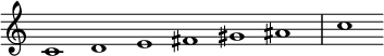 
{\new Staff
  \with { \remove "Time_signature_engraver" }
  \relative c' {
    \set Score.tempoHideNote = ##t
    \tempo 1 = 100
    \cadenzaOn
    c1 d1 e1 fis1 gis1 ais1 \bar "|"  c 
  }
}
