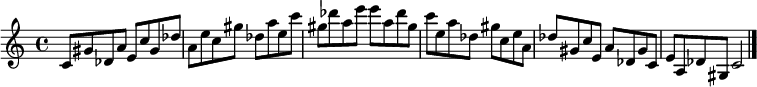 
{

\modalTranspose c c' { c des e gis a } { c8 gis } 
\modalTranspose c des' { c des e gis a } { c gis } 
\modalTranspose c e' { c des e gis a } { c gis } 
\modalTranspose c gis' { c des e gis a } { c gis } 
\modalTranspose c a' { c des e gis a } { c gis } 
\modalTranspose c c'' { c des e gis a } { c gis } 
\modalTranspose c des'' { c des e gis a } { c gis } 
\modalTranspose c e'' { c des e gis a } { c gis } 
\modalTranspose c gis'' { c des e gis a } { c gis } 
\modalTranspose c a'' { c des e gis a } { c gis } 

\modalInversion c e''' { c des e gis a } { c gis } 
\modalInversion c des''' { c des e gis a } { c gis } 
\modalInversion c c''' { c des e gis a } { c gis } 
\modalInversion c a'' { c des e gis a } { c gis } 
\modalInversion c gis'' { c des e gis a } { c gis } 
\modalInversion c e'' { c des e gis a } { c gis } 
\modalInversion c des'' { c des e gis a } { c gis } 
\modalInversion c c'' { c des e gis a } { c gis } 
\modalInversion c a' { c des e gis a } { c gis } 
\modalInversion c gis' { c des e gis a } { c gis } 
\modalInversion c e' { c des e gis a } { c gis } 
\modalInversion c des' { c des e gis a } { c gis } 

c'2

\bar "|."
}
