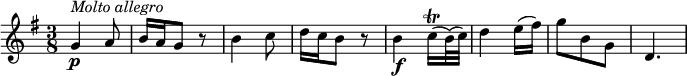 
\relative c' {
 \version "2.18.2"
 \key g \major
 \time 3/8
 g'4\p^\markup { \italic {Molto allegro}} a8
 b16 a g8 r8
 b4 c8
 d16 c b8 r8
 b4\f c16\trill (b32) (c)
 d4 e16 (fis)
 g8 b, g
 d4.
}
