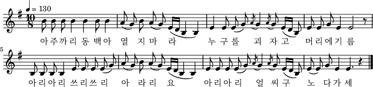 
\new Voice = "pri"
\relative e' { \key e \minor \time 10/8  \tempo 4 = 130 \set Staff.midiInstrument = #"violin"
b'8 b8 b8 b4 b4 b8 b4| a8( g) b8 a8( g) e16( d b4 b4)|
e4 e8 e8( g) \acciaccatura a8 g4 \acciaccatura a8 g8 e16( d b8)| e8 e8 g8 e4 e2 r8|
b8 b8 b8 b4 e8 e8 e8 e8( g)| a8( g) b8 a8( g) e16( d b4 b4)|
e8 e8 e8 e8( g) \acciaccatura a8 g4 \acciaccatura a8 g8 e16( d16 b8)| e8( e) g8 e4 e4. r4 \bar "|."}
\addlyrics {
아 주 까 리 동 백 아 열 지 마 라
누 구 를 괴 자 고 머 리 에 기 름
아 리 아 리 쓰 리 쓰 리 아 라 리 요
아 리 아 리 얼 씨 구 노 다 가 세}
