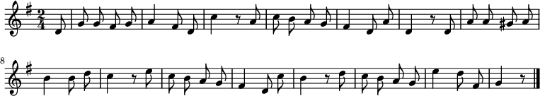 
\relative c' {
  \key g \major
  \time 2/4
  \partial 8
  \autoBeamOff
  d8
  g g fis g
  a4 fis8 d
  c'4 r8 a
  c b a g
  fis4 d8 a'
  d,4 r8 d
  a' a gis a

  b4 b8 d
  c4 r8 e
  c b a g
  fis4 d8 c'
  b4 r8 d
  c b a g
  e'4 d8 fis,
  g4 r8
  \bar "|."
}
