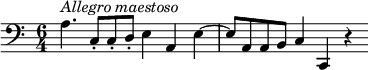 {
  \clef bass \key a \minor \time 6/4 \tempo 4 = 80
  \set Score.tempoHideNote = ##t
  a4.^\markup{\italic{Allegro maestoso)) c8\staccato c\staccato d\staccato e4 a, 4
  e4~ e8 a, a, b, c4 c, r
}