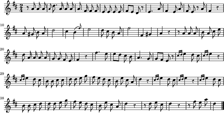 
\relative c'' {
  \override Rest #'style = #'classical
  \key d \major
  \time 2/4
  \autoBeamOff
  r8 a a a
  \grace a d8. a16 a8 a
  a8. fis16 fis8 fis
  e e e e
  fis[ e] d r
  e4. a8
  fis4 e8 a

  fis e r a
  fis4 r
  a8 gis b a
  d2
  cis4 \afterGrace b( { fis'8) }
  e2
  d8 cis b a
  fis'2
  fis,4 gis
  a r
  r8 a a a

  %tourne

  b a cis e
  d a16 a a8 a
  g g fis e
  fis4 r
  fis'4. e8
  e[ d] cis b
  a4. g8
  g[ fis] e r
  \grace { cis'16[ d] } e4 d8 cis
  \grace { cis16[ d] } e4 r
  \grace { cis16[ d] } e4 d8 cis
  b b cis cis
  d d e g
  fis e d cis
  b e cis a
  d4 r
  \grace { cis16[ d] } e4 d8 cis
      \grace { cis16[ d] } e4 r
  \grace { cis16[ d] } e4 d8 cis

  b b cis d
  d d e g
  fis e d cis
  b e cis a
  d4 r
  r8 d e cis
  d4 r
  r8 fis e a
  d,4
  \bar "|."
}
