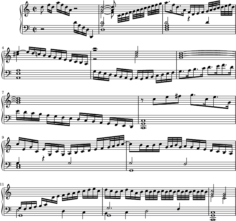 \version "2.18.2"\header {  tagline = ##f}upper = \relative c'' {  \clef treble   \key a \minor  \time 2/2  \tempo 2 = 50  \set Staff.midiInstrument = #"harpsichord"    d8 f16[ d] a'[ f d a] r2    << { < d a >2~ < d a >8 } \\ { f,2~ f8 c32[ d e f] g[ a b c] d[ e f g] } >>    a8. f16 d8. a16 f[ d e f] g32[ a b c] d[ e f d]     << { e4~ e16[ d c! b] a[ g f e] d[ c b a] r2 < e'' c >2 < d b g >1~ < d b g > } \\ { cis4  s2. r2 a2 } \\ { s1 r2} >>    r8 c8 e fis g8. c,16 e8. g,16 |     c[ e, g c,] e[ g, c g] a[ b c d] e[ f g32 a b c~]     c8 b16 a b c g32[ a b g] a16[ g f e] d[ c b a]     \change Staff = "lower" \stemUp g16[ f g a] b[ c \change Staff = "upper" \stemDown d e] f[ g a b] c[ d e c]    d[ c b c] d[ c a b] \tempo 2 = 40 \repeat unfold 4 { c32[ b c b] }    << { < c g >2 < g e > } \\ { e2 c2 } >>}lower = \relative c {  \clef bass  \key a \minor  \time 2/2  \set Staff.midiInstrument = #"harpsichord"    r2 d'16[ a f d] d,4    << { < d'' a >2 s2 d2 r4 d4 a1 } \\ { d,1 < a' f d >1 < e a, > } >>    g16[ f e d] c b a g a[ g a b] c[ d e f] g8. a16 b8. c16 d8. e16 f8. d16 e[ d c b] a[ g f e] d[ c b a] g[ f e d]    % ms. 8    \tempo 2 = 46    \relative c'     < c, g c, >1    \tempo 2 = 50    << { g'4 r4 g2 g2 f } \\ { < e c >1 g,1 } >>    % ms. 11    \tempo 2 = 46    << { s1 g'2. f4 } \\ { g,1 g } \\ { \stemDown e'2 d4 c b c d2 } >>    < c g c, >1    }\score {  \new PianoStaff <<    \set PianoStaff.instrumentName = #""    \new Staff = "upper" \upper    \new Staff = "lower" \lower  >>  \layout {    \context {      \Score      \remove "Metronome_mark_engraver"    }  }  \midi { }}