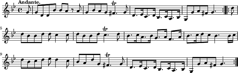 { \relative g' { \key g \minor  \time 4/4 \partial 8 \tempo "Andante."
 g8 | g d d bes' bes a r a | g bes a g fis4.\trill g8 | %eol1
 d8.[ ees16 c8. d16] bes8.[ c16 a8. bes16] |
 g8 g' a fis g4. \bar ":|.|:" d'8 | \break %end line 2
 d bes bes d d c4 c8 | d bes bes d c4.\trill d8 |
 bes8.[ c16 a8. bes16] g8. a16 f8.[ a16] | %end line 3
 bes8.[ c16 d8 c] bes4. bes16 c | d8 bes c d ees d4 c8 |
 bes8 a d g, fis4.\trill g8 | %end line 4
 d8.[ ees16 c8. d16] bes8.[ c16 a8. bes16] | g8 g' a fis g4. \bar ":|." } }