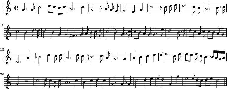 
\relative c'' {
  \partial 2
  \autoBeamOff
  g4. g8
  c2 d8[ c] b[ c]
  a2. c4
  g2 r8 a g f
  f2 e4 g
  c2 r8 c d e
  d2. c8 b

  % tourne

  a2. b8. c16
  c2 b4 d8. d16
  d2 b4 g
  \grace g8 fis4. g8 a b c d
  c2( b4) g8. c16
  c8[ b] a g g4. e'8

  d2. b8. d16
  d8[ c] a c c[ b] a[ g]
  d2. a'4
  bes2 d4 c8 d
  a2. d8 c
  b!2. c8. a16
  g2. g4

  a b c d
  \grace d8 e2. c8 e
  e[ d] e c b4~ b16[ a g a]
  g2 r
  c d8 c b c
  a2. c4
  b c d c

  g2. g8. g16
  c2 d4 e
  \grace e8 d2 g,4 g'
  e2 \grace e8 d[ c] d[ e]
  c2
  \bar "|."
}
