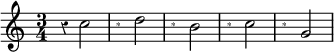  %p167s2
\relative c'' {
\override Rest #'style = #'classical
\time 3/4
r4 c2 | 
\override Rest #'stencil = #ly:text-interface::print
\override Rest #'text = \markup { \magnify #0.6 "*" }
\override Rest #'staff-position = #-0.5
r4 d2 |
r4 b2 |
r4 c2 |
r4 g2 |
}
