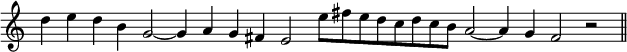 
\relative c'' {
  \override Staff.TimeSignature #'stencil = ##f
  \time 12/2
  d4 e d b g2~ g4 a g fis e2 e'8 fis e d c d c b a2~ a4 g fis2 r
  \bar "||"
}
