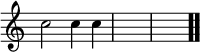 \relative c'' { \override Score.TimeSignature #'stencil = ##f c2 c4 c | s2 s s s \bar ".." }