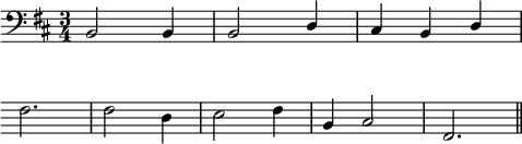 
\language "italiano"
porteeA = \relative do {
  \clef bass
  \time 3/4
  \key re \major
  si2 si4 | si2 \stemUp re4 | dod si re | \break
  \override Score.Clef.break-visibility = ##(#f #f #f)
  \override Score.KeySignature.break-visibility = ##(#f #f #f)
  \stemNeutral fad2. | fad2 re4 | mi2 fad4 | si,4 dod2 | fad,2. \bar "||"
}
\score {
     \porteeA
  \layout {
    \context { \Staff \RemoveEmptyStaves }
    indent = 0\cm
    \override Score.BarNumber #'stencil = ##f
    line-width = #120
  }
  \midi { }
 }
\header { tagline = ##f}
