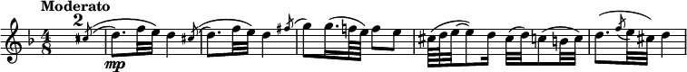 
\relative c'' \new Staff {
 \key d \minor \set Score.tempoHideNote = ##t \tempo "Moderato" 8=108 \time 4/8
  \override Score.NonMusicalPaperColumn #'line-break-permission = ##f
  #(define afterGraceFraction (cons 15 16)) \override Flag.stroke-style = #"grace"
  \compressEmptyMeasures \afterGrace R2*2 cis8^( ^\( d8.\mp) f32 e\)
  \afterGrace d4 cis8^( ^\( d8.) f32 e\) \afterGrace d4 fis8^( g8) g16.( f!64 e) f8 e
  cis64( d e32~ e8) d16 cis32( d) c8( b32 c) d8.( \appoggiatura f8 e32 cis) d4
}
