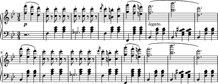 
 \relative b' {
  \new PianoStaff <<
   \new Staff { \key g \minor \time 3/4
    \set Score.tempoHideNote = ##t
     \tempo "" 2. = 64
   <f' f'>-.( <ees ees'>-. <d d'>-.) <c c'>8-. r <c c'>8-. r <c c'>8-. r <c c'>8-. r <c c'>8-. r <c c'>8-. r \slashedGrace d'8 <c, c'>4-. <b b'>4-. <c c'>4-. <g' g'>-.( <f f'>-. <e e'>-.) <f f'>2._\markup { \italic legato. }( <bes bes'> <d, d'>) <f f'>4-.( <ees ees'>-. <d d'>-.) <c c'>8-. r <c c'>8-. r <c c'>8-. r <c c'>8-. r <c c'>8-. r <c c'>8-. r \slashedGrace d'8 <c, c'>4-. <b b'>4-. <c c'>4-. <g' g'>-.( <f f'>-. <e e'>-.) <f f'>2.( <bes bes'>2. <d d,>2.)
   }
   \new Dynamics {
    s\p
    }
   \new Staff { \key g \minor \time 3/4 \clef bass
  { r2. f,,,4 <a c ees> <a c ees> }
<<
{ges2.}
\\
{\once \hide NoteHead \override NoteColumn.force-hshift = #0.5 ges4 <a c ees>4 <a c ees> }
>>
{f <a c ees> <a c ees> f, <f' a c ees> <f a c ees> bes, <f' bes d> <f bes d> bes, <e g bes cis> <e g bes cis> bes <f' bes d> <f bes d> bes, <f' bes d> <f bes d> f <a c ees> <a c ees>}
<<
{ges2.}
\\
{\once \hide NoteHead \override NoteColumn.force-hshift = #0.5 ges4 <a c ees>4 <a c ees> }
>>
{ f <a c ees> <a c ees> f, <f' a c ees> <f a c ees> bes, <f' bes d> <f bes d> bes, <e g bes cis> <e g bes cis> bes <f' bes d> <f bes d>
   }}
  >>
 }
