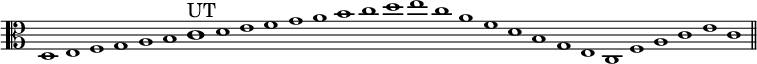 
\relative c {
  \clef alto
  \override Staff.TimeSignature #'stencil = ##f
  \cadenzaOn
  d1 e f g a b \huge c^"UT" \normalsize d e f g a b c d e
  c a f d b g e c f a c e c
  \bar "||"
}
