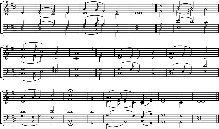 
\new ChoirStaff <<
  \new Staff { \clef treble \time 3/2 \key d \major \partial 2 \set Staff.midiInstrument = "church organ" \omit Staff.TimeSignature \set Score.tempoHideNote = ##t \override Score.BarNumber  #'transparent = ##t 
  \relative c'
  << { d2 | fis( e) d | a'4.( g8 fis2) e | d1 \breathe \bar"||"
       d'2 | cis( b) a \break e'4.( d8 cis2) b | a1 \breathe \bar"||"
       g2 | fis4.( e8 d2) b' | a4.( g8 fis2) a \break
       b4.( a8 b2) cis | d1 \fermata \bar"||"
       b2 | a4.( g8 fis4 e) d( g) | fis1 e2 | d1 \bar"|." } \\
  { d2 | d( cis) d | d1 cis2 | d1 fis2 | a( gis) a 
    e4.( fis8 e2) d | cis1 e2 | d1 2 | 1 2
    d1 g2 | fis1 g2 | d4.( e8 d4 cis) b( e) | d1 cis2 | d1 } >>
  }
\new Staff { \clef bass \key d \major \set Staff.midiInstrument = "church organ" \omit Staff.TimeSignature
  \relative c
  << { fis2 | a( g) fis | a4.( b8 a2) g | fis1 a2 | e'( d) cis 
       a1 gis2 | a1 2 | 4.( g8 fis2) g | fis4.( e8 d2) d'
       d1 e2 | d1 2 | a2.( g4) fis( b) | a1 g2 | fis1 } \\
    { d2 | 1 2 | fis4.( g8 a2) a, | d1 2 | e1 fis2
      c4.( d8 e2) e | a,1 cis2 | d1 2 | 1 fis2
      g4.( fis8 g2) e | b1 \fermata g2 | fis( a) b4( g) | a1 2 | d1 } >>
  } 
>>
\layout { indent = #0 }
\midi { \tempo 2 = 69 }
