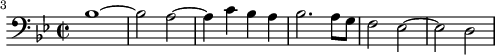 \header {  tagline = ##f}\score {  \new Staff \with {  }<<  \relative c' {    \key bes \major    \time 2/2    \tempo 2 = 80    \override TupletBracket #'bracket-visibility = ##f     %\autoBeamOff    \set Score.currentBarNumber = #3    \bar ""    \set Staff.midiInstrument = #"French horn"     %%% AB 5-1 intro     \clef bass bes1~ bes2 a~ a4 c bes a bes2. a8 g f2 ees2~ ees d2   }>>  \layout {    \context { \Score \remove "Metronome_mark_engraver"    }  }  \midi {}}