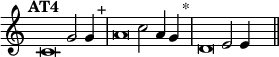 \language "français"
\relative { \key do \major \tempo "AT4"   
            \set Score.tempoHideNote = ##t \tempo 4 = 200 \cadenzaOn
            \override Score.TimeSignature.stencil = ##f
            \override Score.SpacingSpanner.common-shortest-duration = #(ly:make-moment 1 2)
\tweak duration-log #-1 \tweak Stem.stencil ##f 
do'2 sol'2 sol4 s4.^"+"\bar "|"
\tweak duration-log #-1 \tweak Stem.stencil ##f 
la2 do2 la4 sol4 s4.^"*"\bar "|"
\tweak duration-log #-1 \tweak Stem.stencil ##f 
re2 mi2 mi4 s4.\bar "||" 
\cadenzaOff }