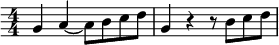 
\relative c'' { \override Score.Clef #'stencil = ##f \time 4/4 \numericTimeSignature g4 a4~ a8[ b c d ] | g,4 r4 r8 b8[ c d ]}
