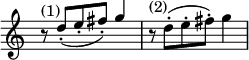 { \override Score.TimeSignature #'stencil = ##f \time 3/4 \relative d'' { r8^"(1)" \stemUp \slurDown d_.( e_. fis_.) g4 r8^"(2)" \stemDown \slurUp d^.( e^. fis^.) g4 } }