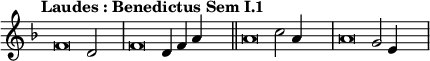 
\language "français" % pour avoir du sol, la etc...
\relative { \key re \minor \tempo "Laudes : Benedictus Sem I.1"   % clefs, titre 
            \override Score.TimeSignature.stencil = ##f %Enlève la clef de Do
            \set Score.tempoHideNote = ##t \tempo 4 = 200 \cadenzaOn % rythme pour le midi, retrait des barre auto
            \override Score.SpacingSpanner.common-shortest-duration = #(ly:make-moment 1 2) %Espace entre les notes 1/2 c’est bien.
fa'\breve re2 s2\bar "|" 
fa\breve re4 fa4 la4 s2\bar "||"
la\breve do2 la4 s2\bar "|" 
la\breve sol2 mi4  s2\bar "|" 
%seconde voix re\breve mi2 fa4 s2\bar "|" re\breve si2 do4
   \cadenzaOff }
