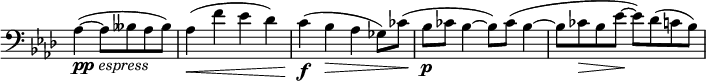 
\relative c' \new Staff \with { \remove "Time_signature_engraver" } {
 \set Score.tempoHideNote = ##t \tempo "" 4=112 \key aes \major \time 4/4 \clef bass \partial 2.
 aes4_\markup { \dynamic pp \italic espress } ( ~ aes8 beses aes beses) aes4\< ( f' es des)
 c\f ( bes\> aes ges8) ces( bes\p ces bes4~ bes8) ces( bes4~
 bes8 ces\> ( bes es\! ~ es) des( c bes)
}
