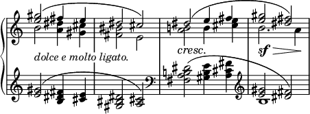 
 \relative c' {
  \new PianoStaff <<
   \new Staff \with { \remove "Time_signature_engraver" } { \key c \major \time 4/4
    <<
     { <gis'' e>2( fis4 e dis2 cis) dis( e4 fis <gis e>2 <fis dis>) }
    \\
     { b,2 <dis a>4 <cis gis> <bis fis>2 e, <b'! a> b4 <e cis> b2. a4 }
    >>
   }
   \new Dynamics {
    \override TextScript #'whiteout = ##t
    s1_\markup { \italic { dolce e molto ligato. } } s1 s4\cresc s4\! s2 s2.\sf \> s4\!
   }
   \new Staff \with { \remove "Time_signature_engraver" } { \key c \major \time 4/4
    <<
     {
      <gis e>2( <fis dis b>4 <e cis> <dis bis gis>2 <cis a>) \clef bass \stemDown <dis b! a fis>( <e b gis>4 <fis cis a> \clef treble \stemUp <gis e>2 <fis dis>)
     }
    \\
     { s1 s1 s1 b,1 }
    >>
   }
  >>
 }
