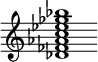 {
  % Rivin lopun pystyviiva ja tahtiosoitus piiloon.
  \override Score.BarLine.break-visibility = ##(#f #t #t)
  \override Staff.TimeSignature #'stencil = ##f
  
  <des' fes' aes' c'' ees'' ges'' bes''>1
}
