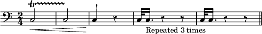 { \clef bass \time 2/4 \override Score.Rest #'style = #'classical c2\< \startTrillSpan c \stopTrillSpan c4^\staccatissimo\! r c32 c16.-"Repeated 3 times" r4 r8 c32 c16. r4 r8 \bar "||" }