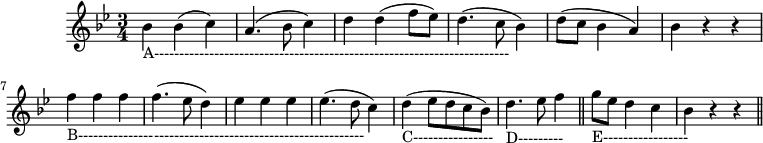 
X: 1 K: Bb M: 3/4 L: 1/4 "_A -------------------------------- --------------------------------------- "B (Bc) | (A> Bc) | d (df / e /) | (d> cB) | \ (d / c / BA) | Bzz |  \ "_B ----------------------------------------------- ---------- "fff | (f> ed) | eee | (e> dc) | \" _C ---------------- "(de / 2d / 2c / 2B / 2) |  \ "_D ---------" d> ef || \ "_E -----------------" g / 2e / 2dc | Bzz || 
