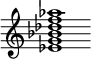 {
  % Rivin lopun pystyviiva ja tahtiosoitus piiloon.
  \override Score.BarLine.break-visibility = ##(#f #t #t)
  \override Staff.TimeSignature #'stencil = ##f
  
  <ees' g' bes' des'' f'' aes''>1
}
