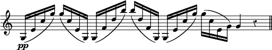 
\relative c' {
  \override Rest #'style = #'classical
  \override Staff.TimeSignature #'stencil = ##f
  \time 8/4
  g16\pp( e' c' g') g( c, e, g,)
  g( f' d' b') b( d, f, g,)
  g( e' c' g') g( c, e, g)
  g4 r  
  \bar "||"
}
