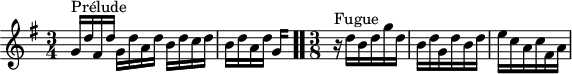 
\version "2.18.2"
\header {
  tagline = ##f
}

\score {
  \new Staff \with {

  }
<<
  \relative c'' {
    \key g \major
    \time 3/4
	\set Staff.midiInstrument = #"harpsichord" 

     %% INCIPIT CBT II-15, BWV 884, sol majeur
     g16^\markup{Prélude} d' fis, d' g, d' a d b d c d | \once \override Staff.TimeSignature #'stencil = ##f \time 5/8 b d a d 
{ 
 % suppression des warnings :
 #(ly:set-option 'warning-as-error #f)
 #(ly:expect-warning (_ "stem does not fit in beam")) %% <= à traduire éventuellement
 #(ly:expect-warning (_ "beam was started here")) %% <= à traduire éventuellement
  \set stemRightBeamCount = #2
  g,4*1/4[ s]
}
 \bar ".."
     \time 3/8
     r16^\markup{Fugue} d'16 b d g d b d g, d' b d e c a c fis, a

  }
>>
  \layout {
     \context { \Score \remove "Metronome_mark_engraver"  
     \override SpacingSpanner.common-shortest-duration = #(ly:make-moment 1/3) }
       }
  \midi {}
}
