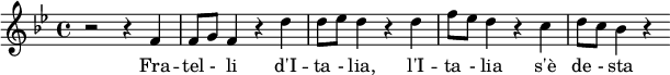 \ relativa f '{\ clave de sol \ tiempo 4/4 \ tecla bes \ mayor r2 r4 f4 f8 g8 f4 r4 d'4 d8 ees8 d4 r4 d4 f8 ees8 d4 r4 c4 d8 c8 bes4 r4} \ addlyrics {Fra - tel - li d'I - ta - lia, l'I - ta - lia s'è de - sta}