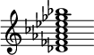 {
  % Rivin lopun pystyviiva ja tahtiosoitus piiloon.
  \override Score.BarLine.break-visibility = ##(#f #t #t)
  \override Staff.TimeSignature #'stencil = ##f
  
  <des' fes' aes' ces'' ees'' ges'' bes''>1
}
