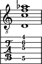  
<<
  %\override Score.BarLine.break-visibility = ##(#f #t #t)
  \time 1/1
    \new Staff  {
    \clef "treble_8"
        \once \override Staff.TimeSignature #'stencil = ##f
        < d  c' f' aes'>1
    }

     \new TabStaff {
       \override Stem #'transparent = ##t
       \override Beam #'transparent = ##t 
      < d\5  c'\3 f'\2 gis'\1>1
  }
>>
