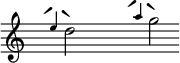 
\relative c'' {
\time 10/2
\override Staff.TimeSignature #'stencil = ##f
s1
\once \override TextScript #'extra-offset = #'(-1.5 . -2)
\grace e4^\markup \fontsize #8 {´}
s2
\once \override TextScript #'extra-offset = #'(-0.5 . -2.7)
d2^\markup \fontsize #8 {`}  
s1
\once \override TextScript #'extra-offset = #'(-1.5 . -1)
\grace a'4^\markup \fontsize #8 {´} 
s2
\once \override TextScript #'extra-offset = #'(-0.5 . -1.7)
g2^\markup \fontsize #8  {`} 
}
