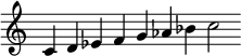 
{
\override Score.TimeSignature #'stencil = ##f
\relative c' { 
  \clef treble
  \cadenzaOn
  c4 d es f g aes bes c2

} }
