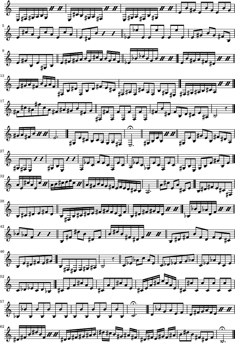 
\relative c {
  \override Staff.TimeSignature #'stencil = ##f
  \override Rest #'style = #'classical
  \time 9/8
  \repeat percent 3 { e16 fis gis a b gis } 
  \repeat percent 3 { e cis' b gis a fis }
  \repeat percent 3 { e gis a fis b gis! } 
  e'8 b' gis e b' gis e b' gis
  e cis' a e cis' a e cis' a
  
  \repeat percent 3 { e dis b' } 
  \bar "||"
  es, es' es, es es' es, es es' es,
  \time 3/4
  e8 gis b[ gis] fis b,
  e gis b, e gis, b
  \bar "||"
  e16 fis gis a  b gis cis a  b gis a fis
  \bar "||"
  
  % autre page
  
  \time 9/8
  \repeat percent 3 { es16 bes' des  bes g bes } \bar "|."
  \repeat percent 3 { e,16 b' gis a fis dis } \bar "||"
  \time 2/4
  e16 gis a fis b gis a fis \bar "||"
  \time 9/8
  fis,8 b dis fis,8 b dis fis e cis
  fis, ais fis cis' ais fis b gis eis \bar "|."
  
  \repeat percent 3 { fis16 gis ais b cis ais } \bar "|."
  \time 6/4
  fis'8 cis' ais fis' cis ais fis! ais! gis b eis, gis \bar "||"
  \time 9/8
  fis,8 fis' fis, fis' fis, fis' fis, fis' fis,
  fis' b dis, fis b, dis cis e ais,
  b2 r4 \bar "|."
  
  \time 3/4
  \repeat percent 3 { gis'16 a fis b }
  e,2. \bar "|."
  \time 9/8
  gis,8 e' cis b cis a gis a fis
  e2.\fermata \bar "||"
  \time 3/4
  \repeat percent 3 { gis16 b e b } \bar "||"
  \time 9/8
  gis8 e' b gis' e b fis' dis a
  
  \repeat percent 3 { gis8 fis e }
  \repeat percent 3 { gis8 b e, }
  f es' c f es c f, es' c
  a es' c ges es' c f, es' c
  gis b e, gis b e gis b, e \bar "|."
  
  \time 6/8
  \repeat percent 2 { a16 e cis' a e cis' }
  \repeat percent 2 { a b cis d e cis } \bar "||"
  a gis b a gis fis  e fis e d cis b
  a2. \bar "||"
  \time 3/4
  a'8 cis e,[ a] cis, e \bar "|."
  
  b dis fis e cis fis,
  b cis dis e fis dis \bar "||"
  \time 6/8
  b16 fis b cis dis e fis gis fis e cis fis
  \time 9/8
  \repeat percent 3 { b, dis fis gis fis dis } \bar "|."
  
  \repeat percent 3 { bes bes' f as d, f } \bar "||"
  \repeat percent 3 { bes8 as f } \bar "||"
  \time 3/4
  b,8 fis' dis'[ b] dis, fis
  \time 9/8
  \repeat percent 3 { b16 dis b fis dis fis } \bar "||"
  b,8 dis fis b fis dis fis e cis
  \time 3/4
  b e dis fis e gis \bar "|."
  
  b, fis eis fis gis ais
  b2 r4 \bar "||"
  c8 es as[ c] as es
  c des es f g as
  c, es as es c es
  c des es c des bes \bar "|."
  
  cis e a cis a e
  cis a' e cis' a e
  \time 2/4 cis16 e a cis e cis a e
  \time 9/8
  cis8 cis' cis, cis' cis, cis' cis, cis' cis,
  bes bes' bes, bes' bes, bes' bes, bes' bes,
  
  b b' b, b' b, b' b, b' b,
  c2.\fermata \bar "|."
  \time 3/4
  d8 bes' g a e f
  \time 9/8
  \repeat percent 3 { d16 fis g a fis e }
  \repeat percent 3 { dis fis b dis b fis }
  
  \time 3/8
  dis e fis gis ais b
  dis cis b[ gis] ais fis
  dis fis e[ gis] fis ais
  \time 6/8
  b8 dis b fis dis fis
  b,2.\fermata \bar "|."
}
