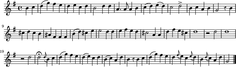 
\relative c'' {
  \override Rest #'style = #'classical
  \key g \major
  \partial 2
  b c
  d( g) fis e
  d e c d
  b2 d4 d
  a4. a8 a4 b
  c( d) e( d)

  c2 d->
  b4 c a b
  g2 r4 b
  cis d cis b
  ais fis fis fis
  b( d) cis e
  e2 d4 d
  e fis e d

  cis2 a4 a
  d fis e cis
  d1
  r2 d
  d1
  r2 d
  d\fermata \appoggiatura d8 b4 c
  d( g) fis e
  d( e) c d

  b( c) a d
  b r b c
  d( g) fis e
  d \appoggiatura fis8 e4 c \appoggiatura e8 d4
  b \appoggiatura d8 c4 a d
  g,2
  \bar "|."
}
