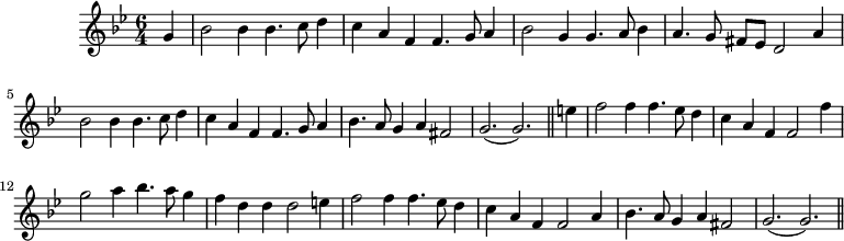 
\header {
    tagline = "" % no footer
}
\score {
    \language "english"
    {
        { \new PianoStaff <<
            { \new Staff <<
                \set Staff.midiInstrument = "violin"
                \relative c'' {
                    \set Score.tempoHideNote = ##t \tempo 8 = 260
                    \clef treble \key g \minor
                    \time 6/4
                    
                    \partial 4 g |
                    bf2 bf4 bf4. c8 d4 |
                    c a f f4. g8 a4 |
                    bf2 g4 g4. a8 bf4 |
                    a4. g8 fs[ ef] d2 a'4 |
                    bf2 bf4 bf4. c8 d4 |
                    c a f f4. g8 a4 |
                    bf4. a8 g4 a fs2 |
                    g2.( g)
                    \bar "||"
                    
                    \partial 4 e'4 |
                    f2 f4 f4. ef8 d4 |
                    c a f f2 f'4 |
                    g2 a4 bf4. a8 g4 |
                    f d d d2 e4 |
                    f2 f4 f4. ef8 d4 |
                    c a f f2 a4 |
                    bf4. a8 g4 a fs2 |
                    g2.( g)
                    \bar "||"
                }
            >> }
        >> }
    }
    \layout { }
    \midi { }
}
