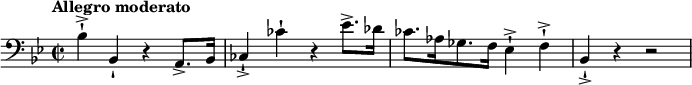 
\ relative c '{\ new Staff {\ set Staff.midiInstrument = # "pian" \ key bes \ major \ clef bass \ time 2/2 \ set Score.tempoHideNote = ## t \ tempo "Allegro moderato" 4 = 120 bes4 -!  -> bes, 4 -!  r4 a8.  -> bes16 |  ces4 -!  -> ces'4 -!  r4 es8.  -> des16 |  ces8.  as16 ges8.  f16 es4 -!  -> f4 -!  -> |  bes, 4 -!  -> r4 r2 |  }}
