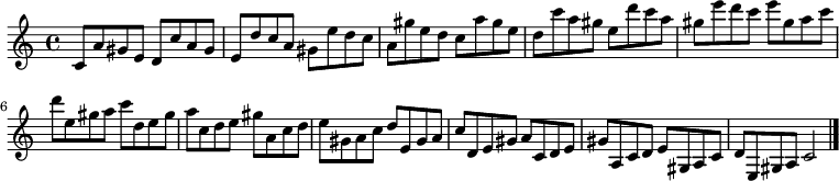 
{

\modalTranspose c c' { c d e gis a } { c8 a gis e } 
\modalTranspose c d' { c d e gis a } { c a gis e } 
\modalTranspose c e' { c d e gis a } { c a gis e } 
\modalTranspose c gis' { c d e gis a } { c a gis e } 
\modalTranspose c a' { c d e gis a } { c a gis e } 
\modalTranspose c c'' { c d e gis a } { c a gis e } 
\modalTranspose c d'' { c d e gis a } { c a gis e } 
\modalTranspose c e'' { c d e gis a } { c a gis e } 
\modalTranspose c gis'' { c d e gis a } { c a gis e } 

\modalInversion c e''' { c d e gis a } { c a gis e } 
\modalInversion c d''' { c d e gis a } { c a gis e } 
\modalInversion c c''' { c d e gis a } { c a gis e } 
\modalInversion c a'' { c d e gis a } { c a gis e } 
\modalInversion c gis'' { c d e gis a } { c a gis e } 
\modalInversion c e'' { c d e gis a } { c a gis e } 
\modalInversion c d'' { c d e gis a } { c a gis e } 
\modalInversion c c'' { c d e gis a } { c a gis e } 
\modalInversion c a' { c d e gis a } { c a gis e } 
\modalInversion c gis' { c d e gis a } { c a gis e } 
\modalInversion c e' { c d e gis a } { c a gis e } 
\modalInversion c d' { c d e gis a } { c a gis e } 

c'2

\bar "|."
}
