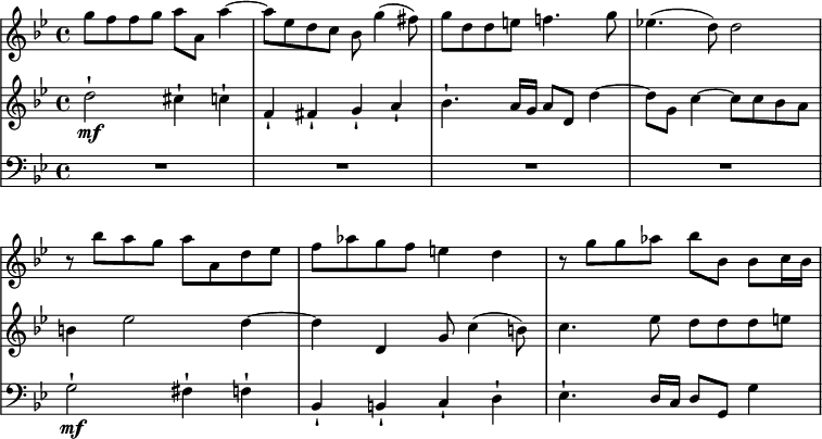 
{
  \language "italiano"
  \new StaffGroup <<
    \omit StaffGroup.SystemStartBracket
    \omit Score.BarNumber
    \new Staff {
      \set Staff.midiInstrument = #"violin"
      \accidentalStyle neo-modern
      \tempo 4 = 130
      \set Score.tempoHideNote = ##t
      \relative do''' {
        \clef "treble" \key sol \minor \time 4/4
        sol8 fa fa sol la la, la'4~ |
        la8 mib re do sib sol'4( fad8)	 |
        sol re re mi fa4. sol8 |
        mib4.( re8) re2 |
        \break
        r8 sib' la sol la la, re mib |
        fa lab sol fa mi4 re |
        r8 sol sol lab sib sib, sib do16 sib
      }
    } \new Staff {
      \set Staff.midiInstrument = #"violin"
      \relative do'' {
        \clef "treble" \key sol \minor \time 4/4
        re2-! \mf dod4-! do-! |
        fa,-! fad-! sol-! la-! |
        sib4.-! la16 sol la8 re, re'4~ |
        re8 sol, do4~ do8 do sib la |
        si4 mib2 re4~ |
        re re, sol8 do4( si8) |
        do4. mib8 re re re mi |
      }
    } \new Staff {
      \set Staff.midiInstrument = #"cello"
      \override Stem.neutral-direction = #up
      \relative do {
        \clef "bass" \key sol \minor \time 4/4
        R1 | R1 | R1 | R1 |
        sol'2-! \mf fad4-! fa-! |
        sib,-! si-! do-! re-! |
        \override Stem.default-direction = #up
        mib4.-! re16 do re8 sol,
        \override Stem.default-direction = #down
        sol'4 |
      }
    }
  >>
}
