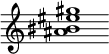 {
  % Rivin lopun pystyviiva ja tahtiosoitus piiloon.
  \override Score.BarLine.break-visibility = ##(#f #t #t)
  \override Staff.TimeSignature #'stencil = ##f
  
  <ais' bis' eis'' gis''>1
}
