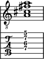  
<<
  %\override Score.BarLine.break-visibility = ##(#f #t #t)
  \time 1/1
    \new Staff  {
    \clef "treble_8"
        \once \override Staff.TimeSignature #'stencil = ##f
        <  a cis' fis' a'>1
    }

     \new TabStaff {
       \override Stem #'transparent = ##t
       \override Beam #'transparent = ##t 
      <  a\4 cis'\3 fis'\2 a'\1>1
  }
>>
